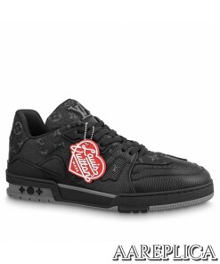 Replica Louis Vuitton LV Trainer Sneakers In Black Denim Leather