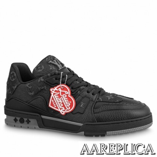 Replica Louis Vuitton LV Trainer Sneakers In Black Denim Leather