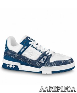 Replica Louis Vuitton LV Trainer Sneakers In Blue Denim with Leather