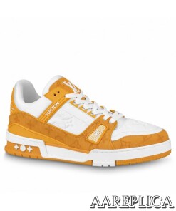 Replica Louis Vuitton LV Trainer Sneakers In Yellow Denim with Leather