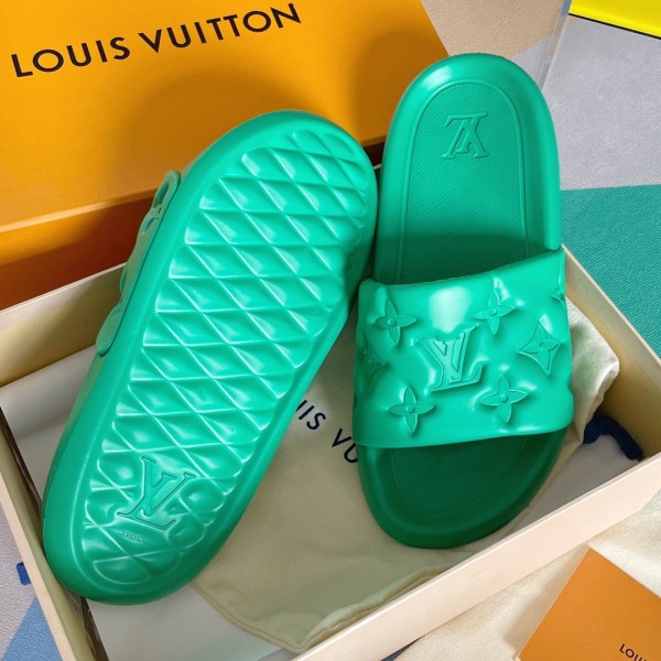 Louis Vuitton Blue Damier Embossed Rubber Waterfront Flat Slides Size 43 Louis  Vuitton