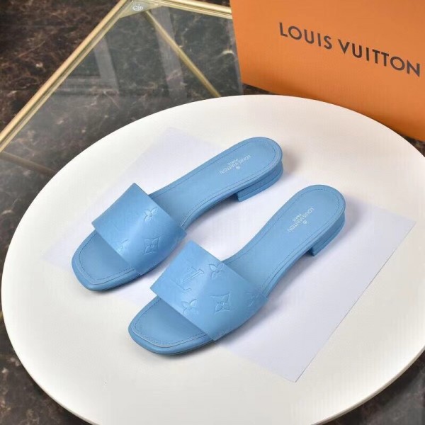 Replica Louis Vuitton Revival Flat Mules In Blue Monogram Lambskin