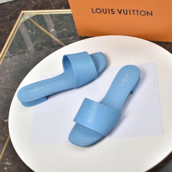 Replica Louis Vuitton Revival Flat Mules In Blue Monogram Lambskin for Sale