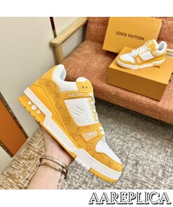 Replica Louis Vuitton LV Trainer Sneakers In Yellow Denim with Leather 2