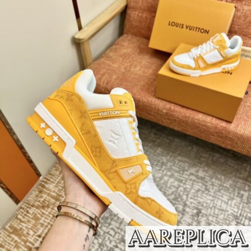 Replica Louis Vuitton LV Trainer Sneakers In Yellow Denim with Leather 2