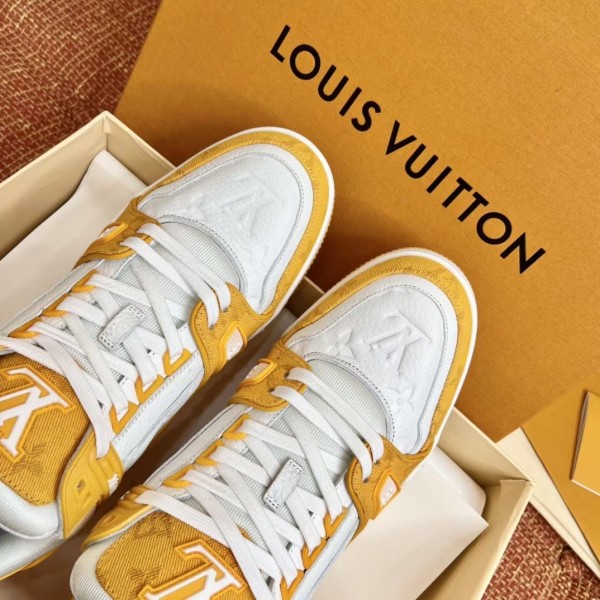 Replica Louis Vuitton Men's LV Trainer Sneakers In Yellow Denim with Leather