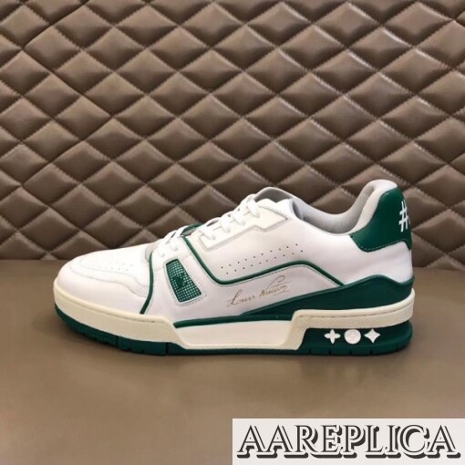 Replica Louis Vuitton LV Trainer Sneakers In White/Green Leather 3