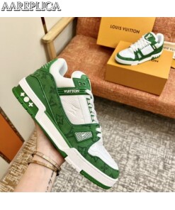 Replica Louis Vuitton LV Trainer Sneakers In Green Denim with Leather 2