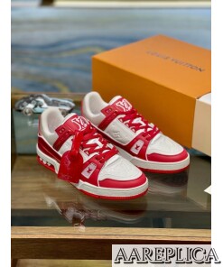 Replica Louis Vuitton LV Trainer Sneakers In White/Red Leather 2