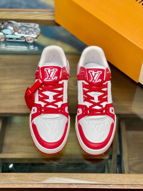 Replica Louis Vuitton LV Trainer Sneakers In White/Red Leather for