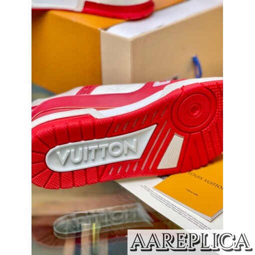 Replica Louis Vuitton LV Trainer Sneakers In White/Red Leather for