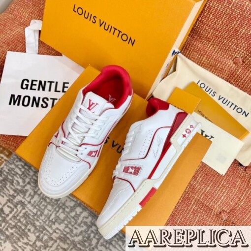 Replica Louis Vuitton White/Red LV Trainer Sneakers with #54 4