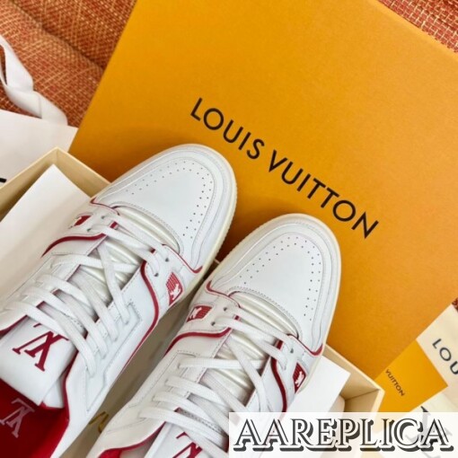 Replica Louis Vuitton White/Red LV Trainer Sneakers with #54 5