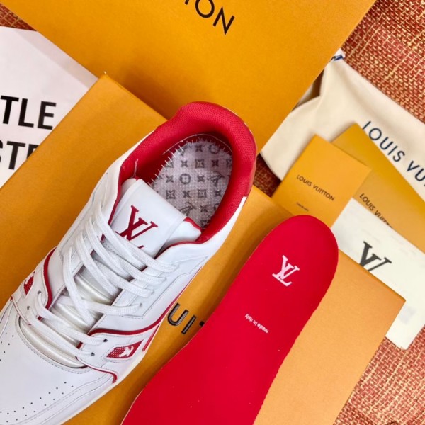 Replica Louis Vuitton LV Trainer Sneakers In White/Red Leather