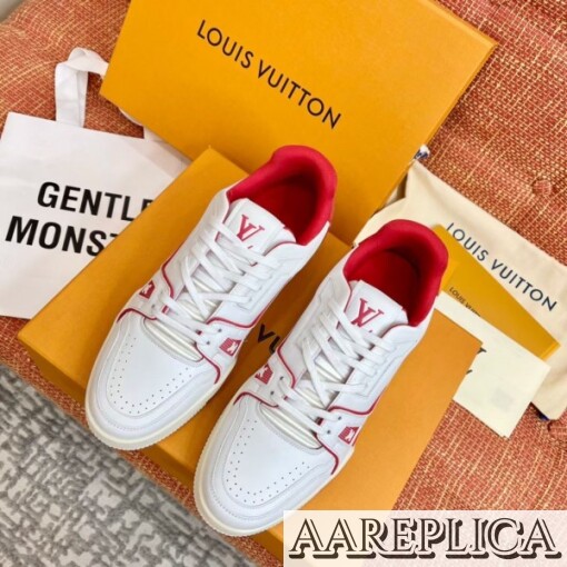 Replica Louis Vuitton White/Red LV Trainer Sneakers with #54 8