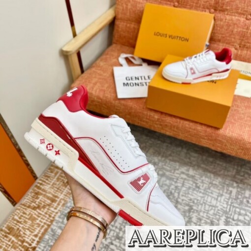 Replica Louis Vuitton White/Red LV Trainer Sneakers with #54 3