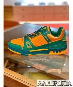 Replica Louis Vuitton LV Trainer Sneakers In Orange/Green Leather 2