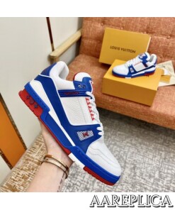 Replica Louis Vuitton LV Trainer Sneakers In Blue/White Leather 2