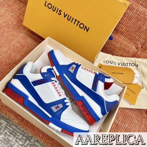 Replica Louis Vuitton LV Trainer Sneakers In Blue/White Leather 3