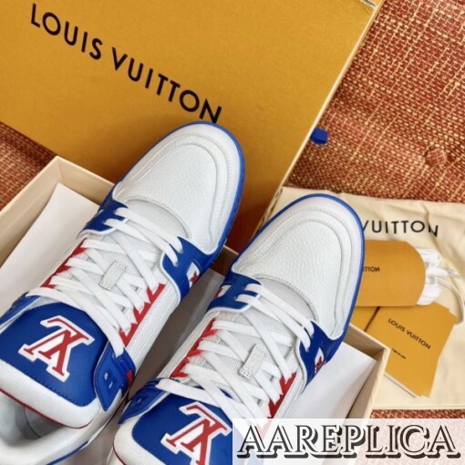 Replica Louis Vuitton LV Trainer Sneakers In Blue/White Leather for ...