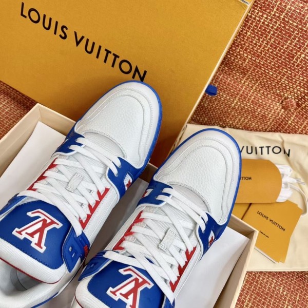 Replica Louis Vuitton LV Trainer Sneakers In Blue/White Leather for Sale