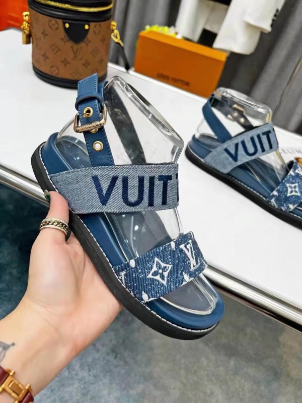 Replica Louis Vuitton Paseo Flat Comfort Sandals In Blue Denim for