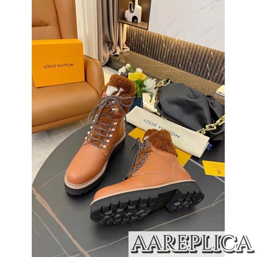 Replica Louis Vuitton Brown Territory Flat Ranger Boots with Shearling 2