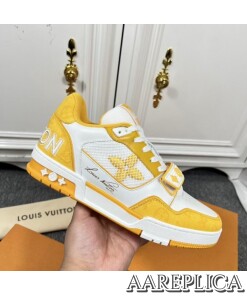 Replica Louis Vuitton LV Trainer Sneakers In Yellow Denim with Mesh 2