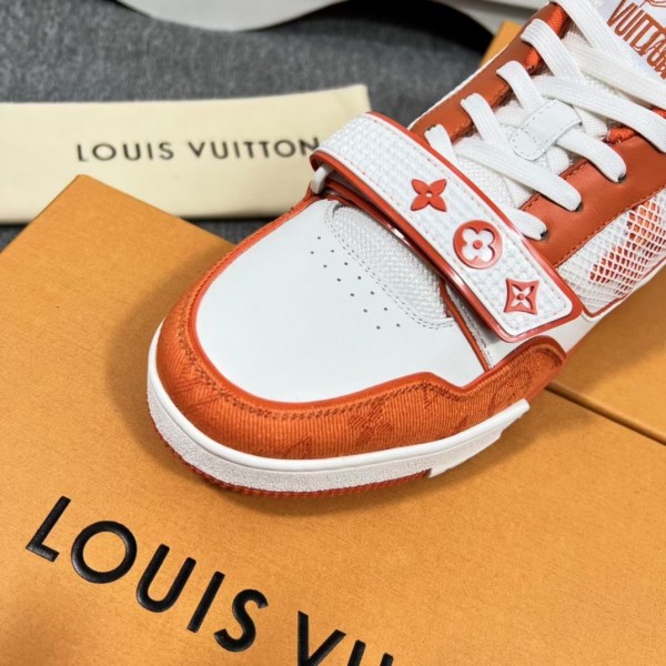 Replica Louis Vuitton Men's LV Trainer Sneakers in Black Denim with Mesh