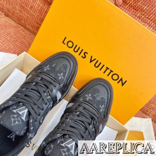Replica Louis Vuitton LV Trainer Sneakers In Black Denim Leather 2