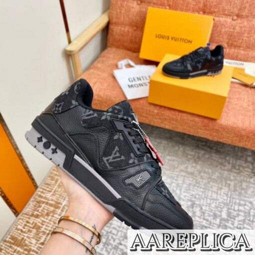 Replica Louis Vuitton LV Trainer Sneakers In Black Denim Leather 3