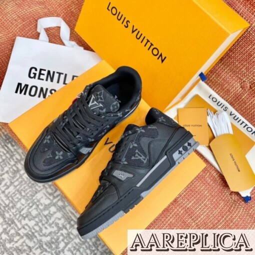 Replica Louis Vuitton LV Trainer Sneakers In Black Denim Leather 4