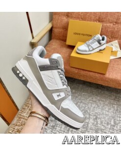 Replica Louis Vuitton LV Trainer Sneakers In White/Grey Leather 2