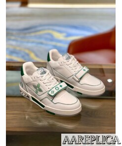 Replica Louis Vuitton LV Trainer Sneakers In Green/White Leather 2