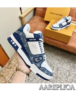 Replica Louis Vuitton LV Trainer Sneakers In Blue Denim with Leather 2