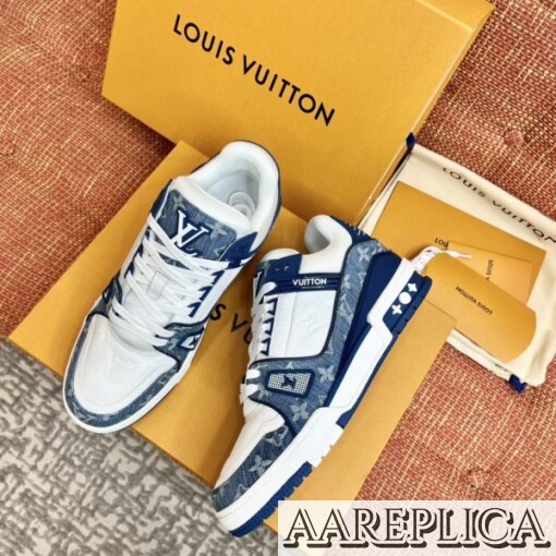 Replica Louis Vuitton LV Trainer Sneakers In Blue Denim with Leather 3