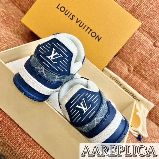 Replica Louis Vuitton LV Trainer Sneakers In Blue Denim with Leather 5