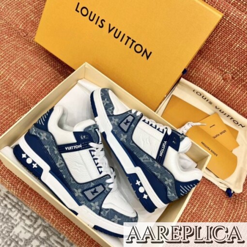 Replica Louis Vuitton LV Trainer Sneakers In Blue Denim with Leather 6