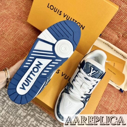 Replica Louis Vuitton LV Trainer Sneakers In Blue Denim with Leather 7