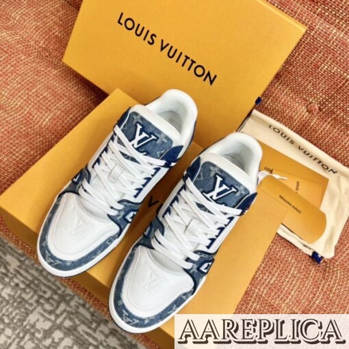 Replica Louis Vuitton LV Trainer Sneakers In Blue Denim with Leather 8