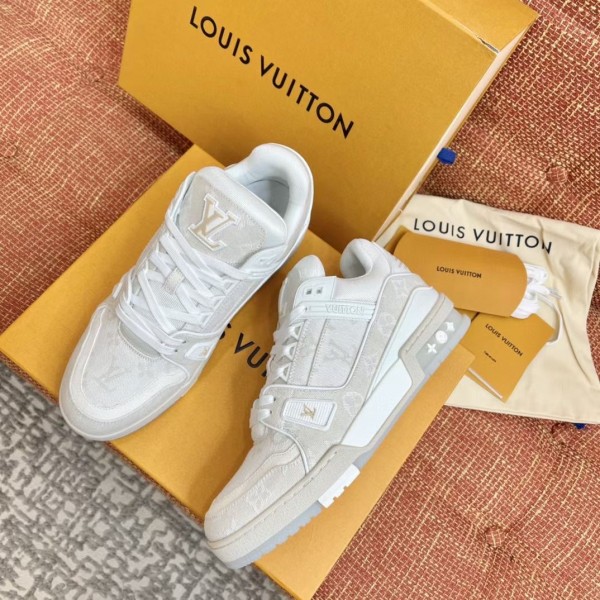 Replica Louis Vuitton LV Trainer Sneakers In Beige Monogram Denim