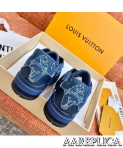 Replica Louis Vuitton LV Trainer Sneakers In Blue Denim Leather 2