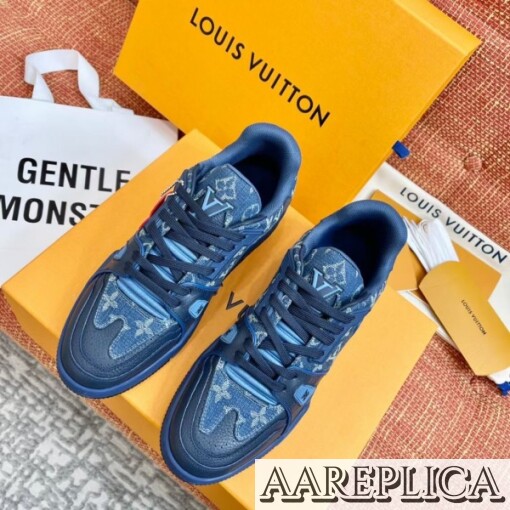Replica Louis Vuitton LV Trainer Sneakers In Blue Denim Leather 8