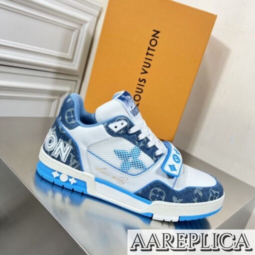 Replica Louis Vuitton LV Trainer Sneakers In Blue Denim with Mesh 2