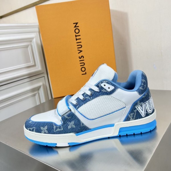 Replica Louis Vuitton LV Trainer Sneakers In Beige Monogram Denim