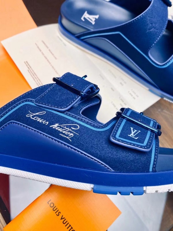 Louis Vuitton Unisex LV Trainer Mule Blue Monogram-Embossed Suede