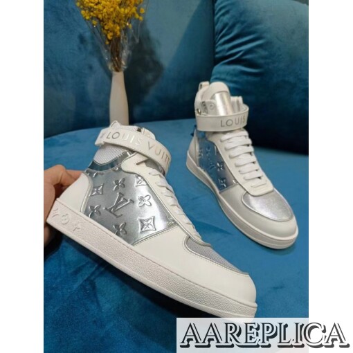 Replica Louis Vuitton Boombox Sneaker Boots In Silver Metallic Leather 4