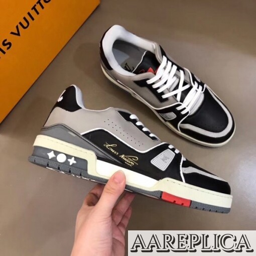 Replica Louis Vuitton LV Trainer Sneakers In Black/Grey Leather 4