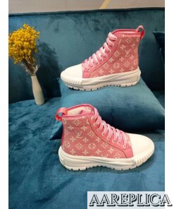 Replica Louis Vuitton LV Squad Sneaker Boots In Pink Monogram Denim 2