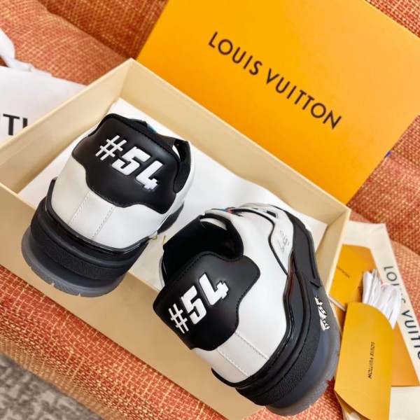 Replica Louis Vuitton White/Black LV Trainer Sneakers with #54 for Sale